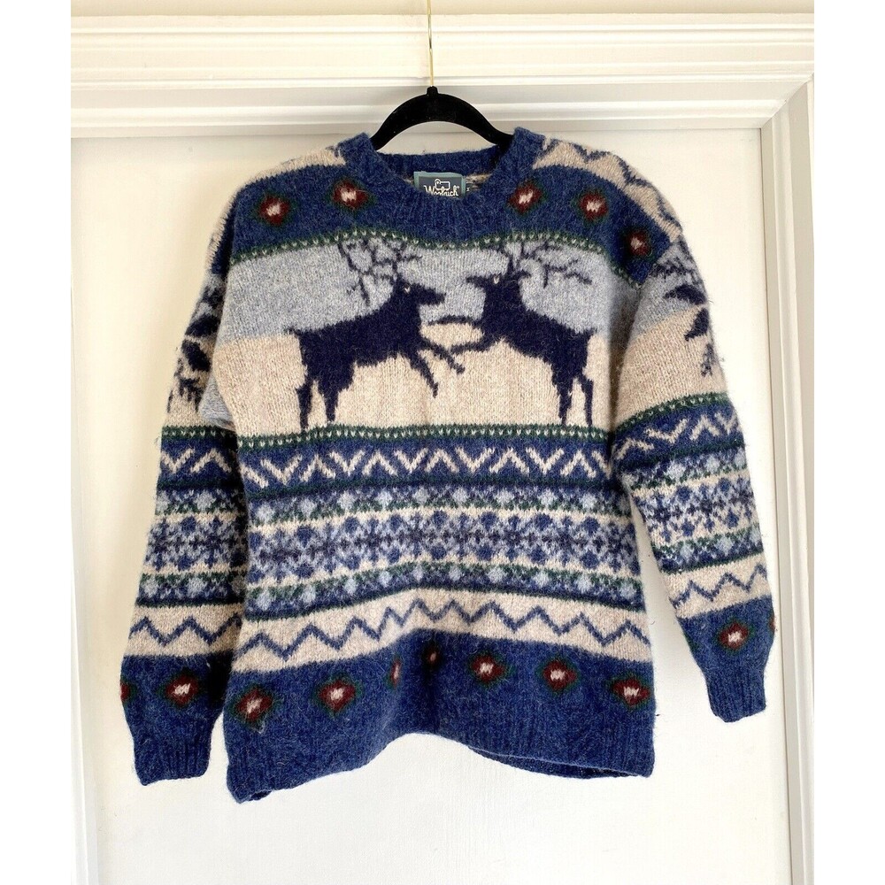Vintage Nordic Reindeer Deer Wool Sweater Size Medium Blue Christmas Winter Snow